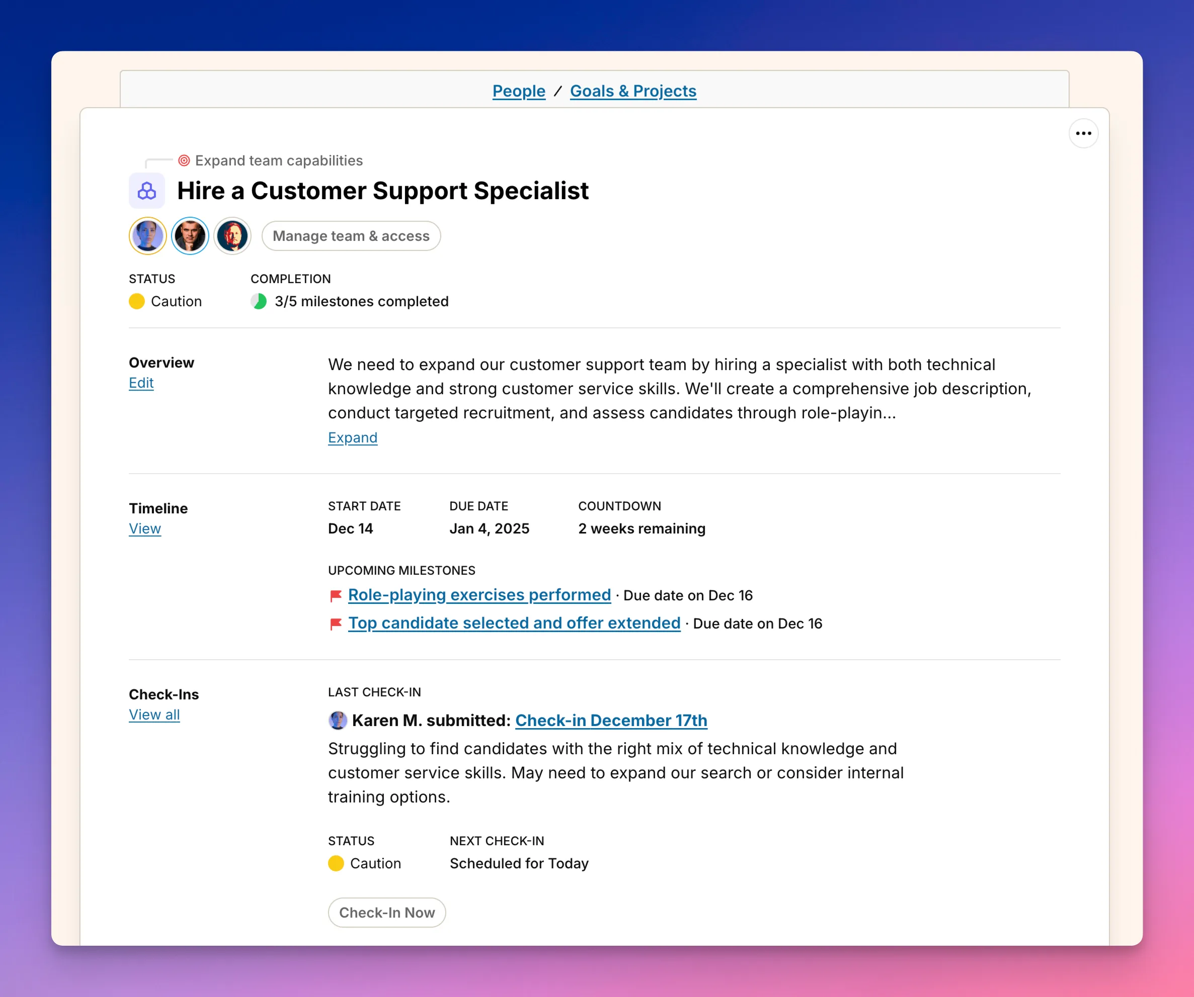 Screenshot: Project overview with status and timeline